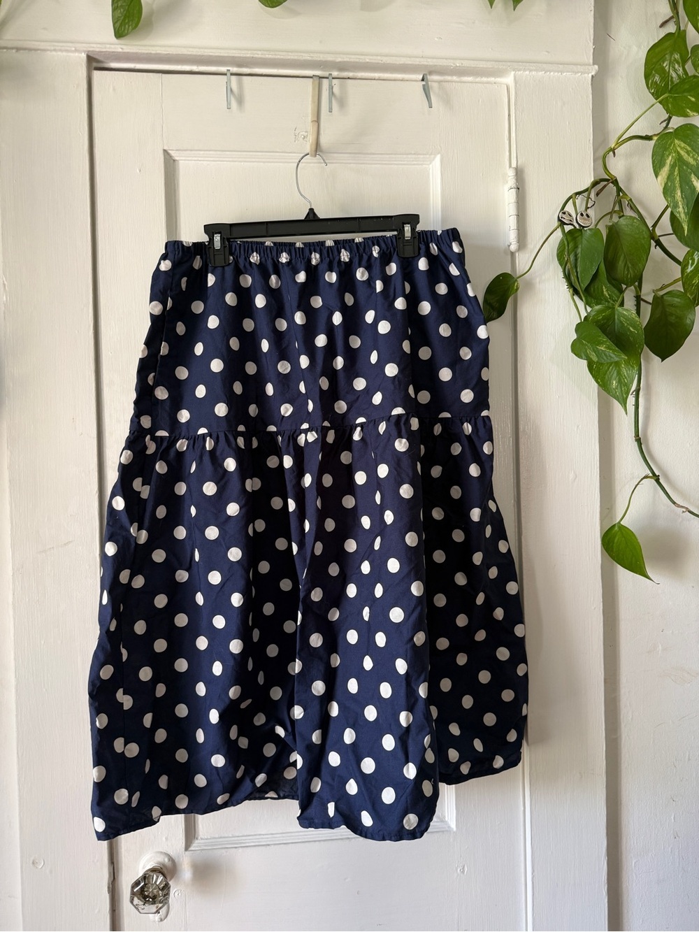 a new day Navy and White Polka Dot Midi Skirt